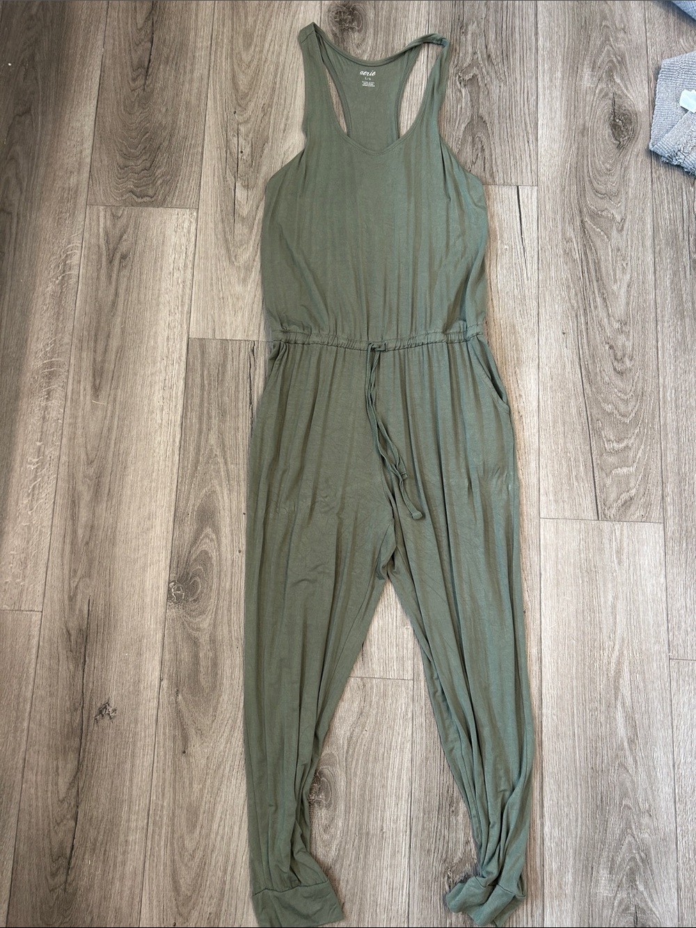 aerie Olive Green Racerback Jumpsuit with Drawstring Waist